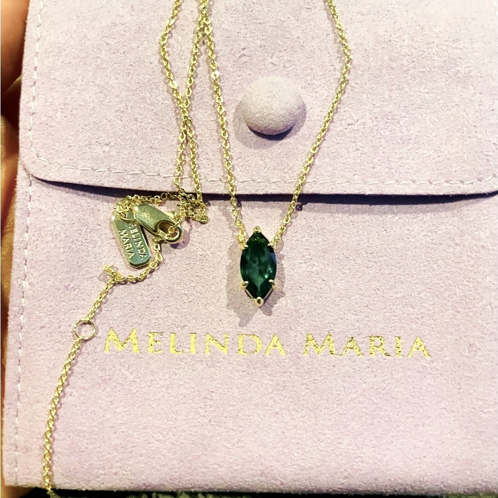 Melinda Maria Baby Monarch Marquise Necklace in Gold and Emerald.